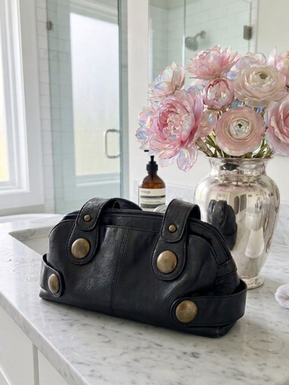 Aldo Black Leather Shoulder Bag with Brass-Tone Studs